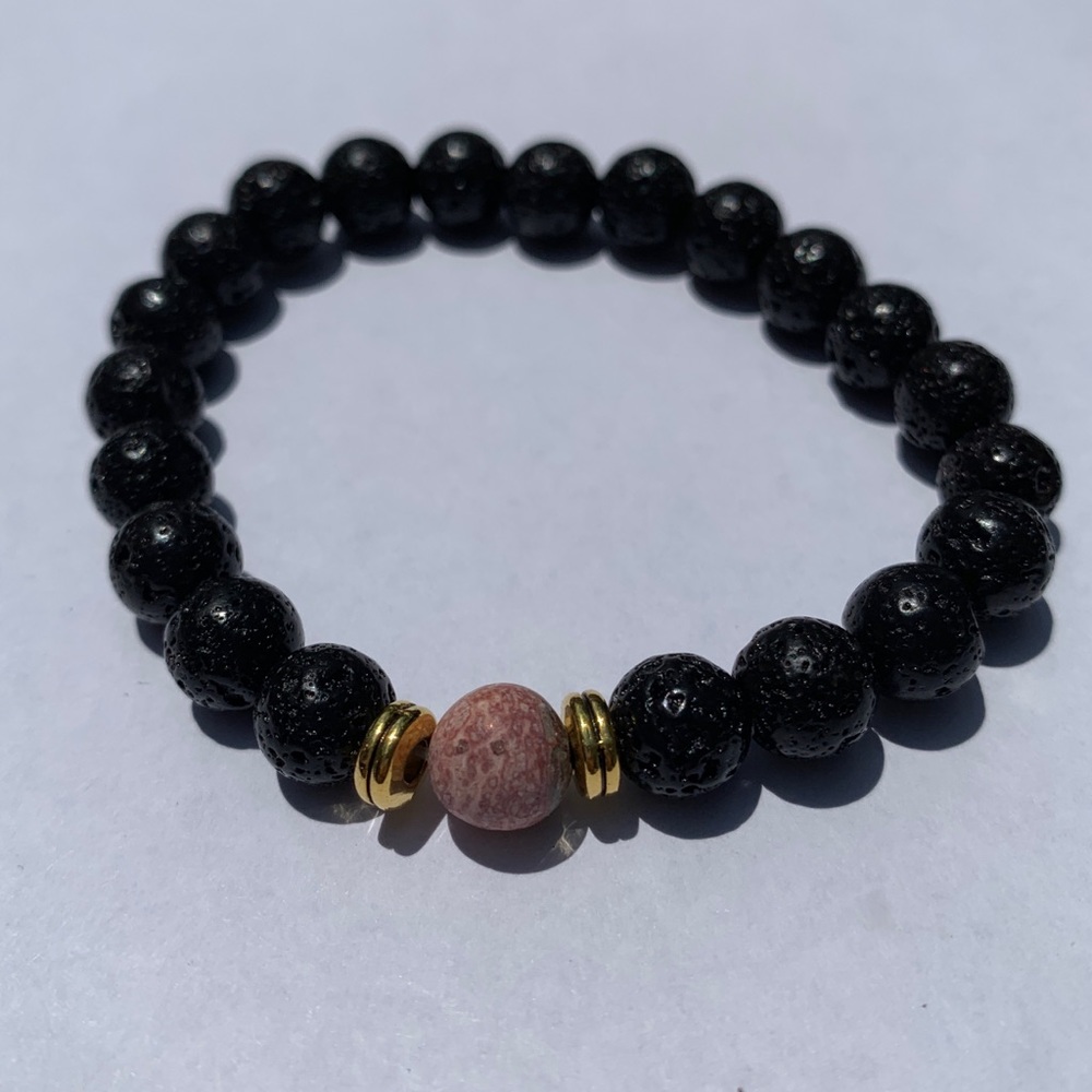Black Lava Stone Bead Bracelet w Marble Stone Bead